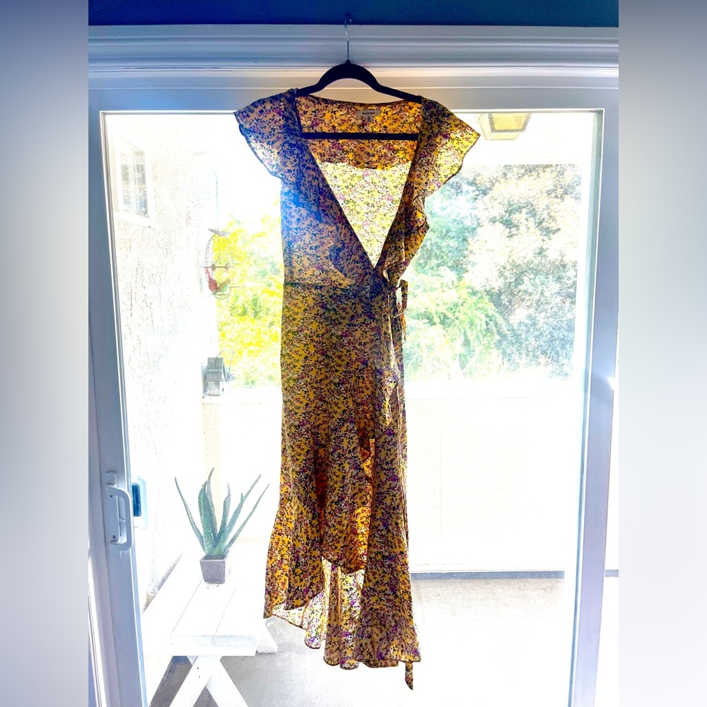 Max Studio wrap dress. Yellow with pink and white flowers.